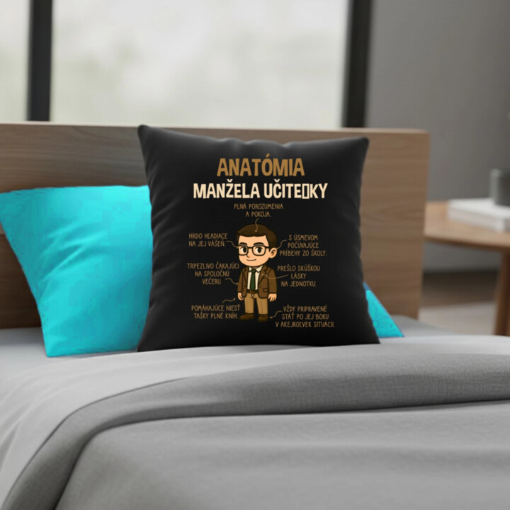 Anatómia manžela učiteľky - čierny vankúš s potlačou