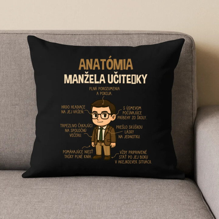 Anatómia manžela učiteľky - čierny vankúš s potlačou
