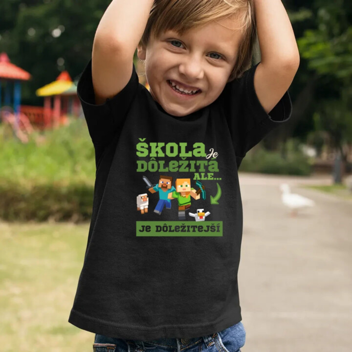 Škola je dôležitá, ale Minecraft je dôležitejší - detské tričko s potlačou