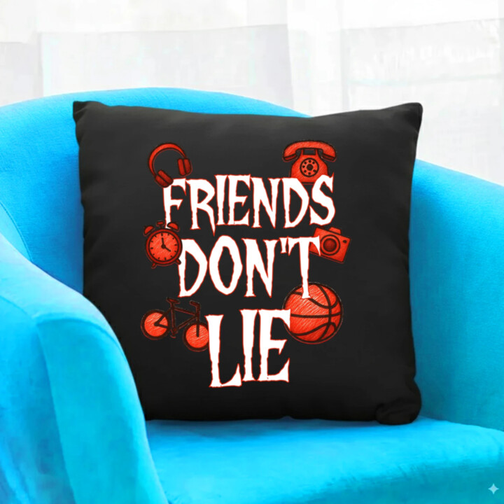 Friends don't lie – pre fanúšikov seriálu Stranger Things - čierny vankúš s potlačou