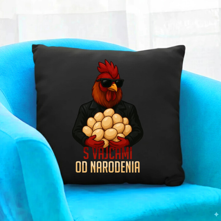 S vajcami od narodenia - čierny vankúš s potlačou
