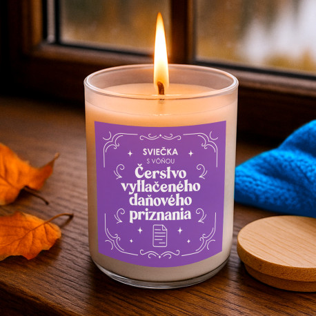 Sviečka s vôňou čerstvo vytlačeného daňového priznania - vonná sviečka s potlačou