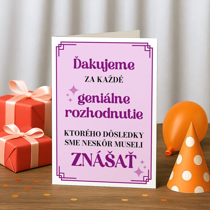 Ďakujeme za každé geniálne rozhodnutie - blahoželacia kartička na darček