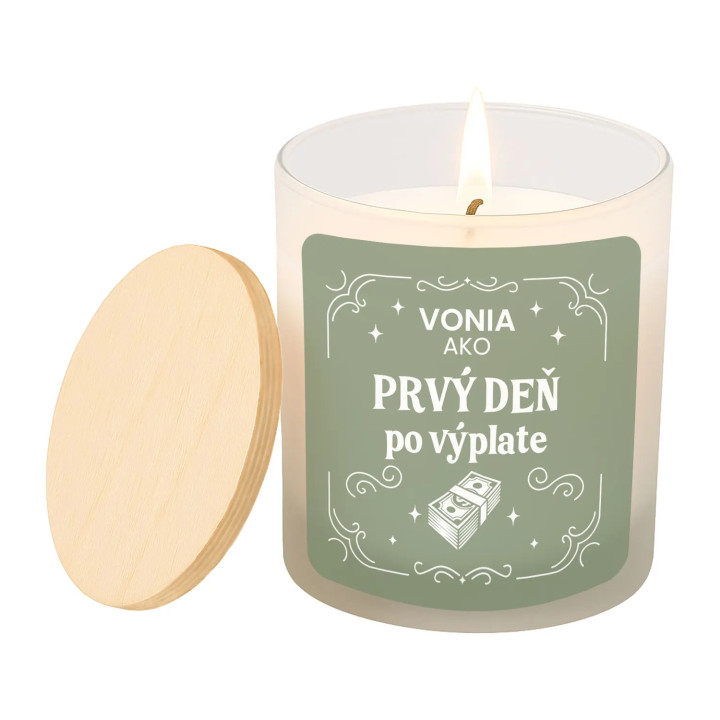 Vonia ako prvý deň po výplate - vonná svieca s potlačou