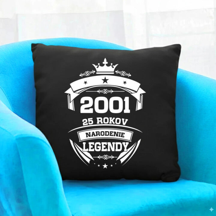 2001 Narodenie legendy 25 rokov - čierny vankúš s potlačou