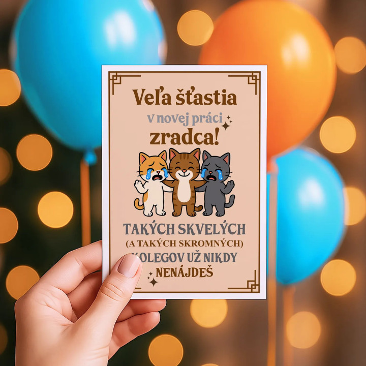 Veľa šťastia v novej práci, zradca - blahoželacia kartička na darček