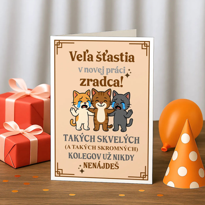 Veľa šťastia v novej práci, zradca - blahoželacia kartička na darček