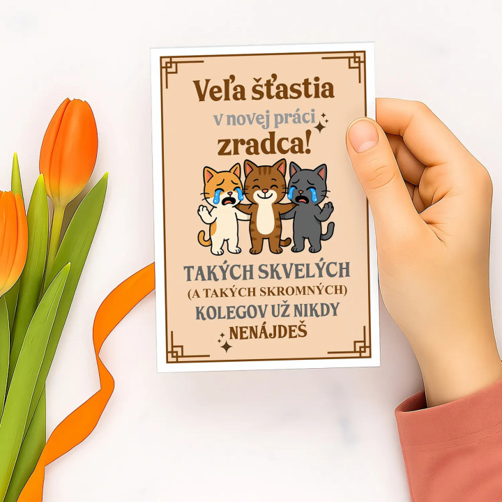 Veľa šťastia v novej práci, zradca - blahoželacia kartička na darček