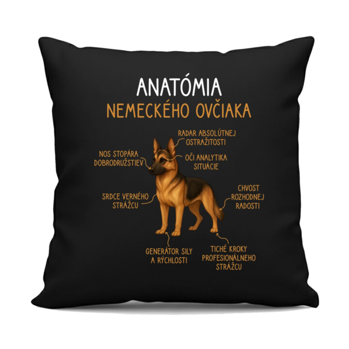 Anatómia nemeckého ovčiaka - čierny vankúš s potlačou