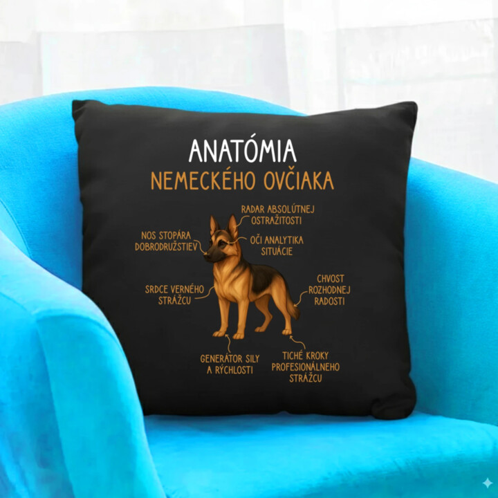 Anatómia nemeckého ovčiaka - čierny vankúš s potlačou