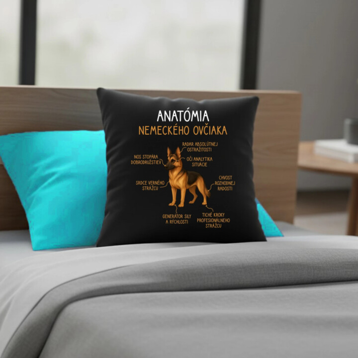 Anatómia nemeckého ovčiaka - čierny vankúš s potlačou