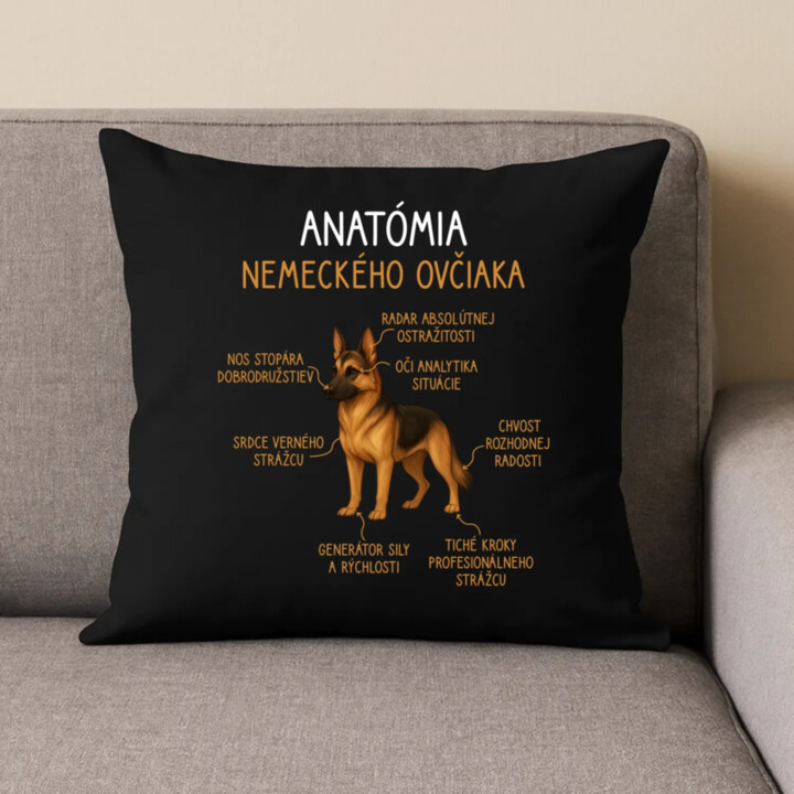 Anatómia nemeckého ovčiaka - čierny vankúš s potlačou
