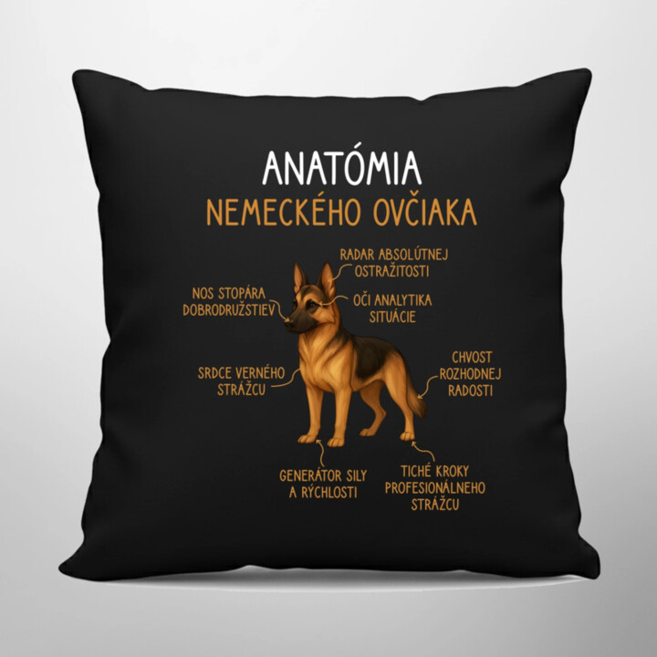 Anatómia nemeckého ovčiaka - čierny vankúš s potlačou