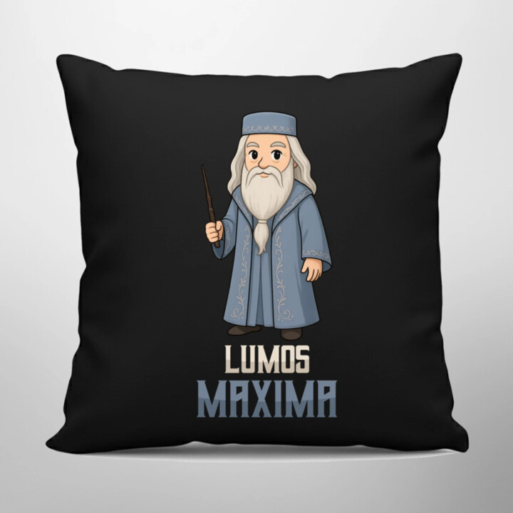 Lumos Maxima - Albus Dumbledore - čierny vankúš s potlačou pre fanúšikov série Harry Potter