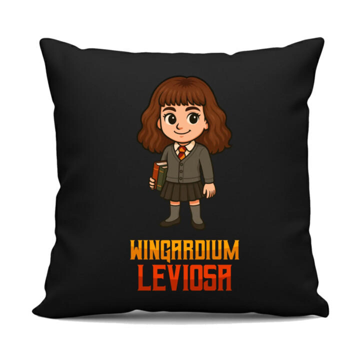 Wingardium Leviosa - Hermiona Granger - čierny vankúš s potlačou pre fanúšikov série Harry Potter