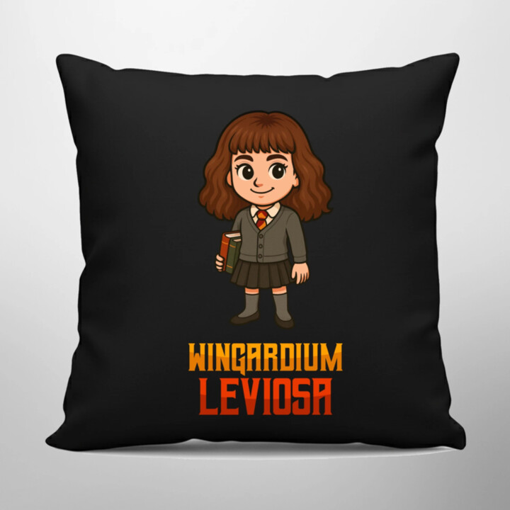 Wingardium Leviosa - Hermiona Granger - čierny vankúš s potlačou pre fanúšikov série Harry Potter