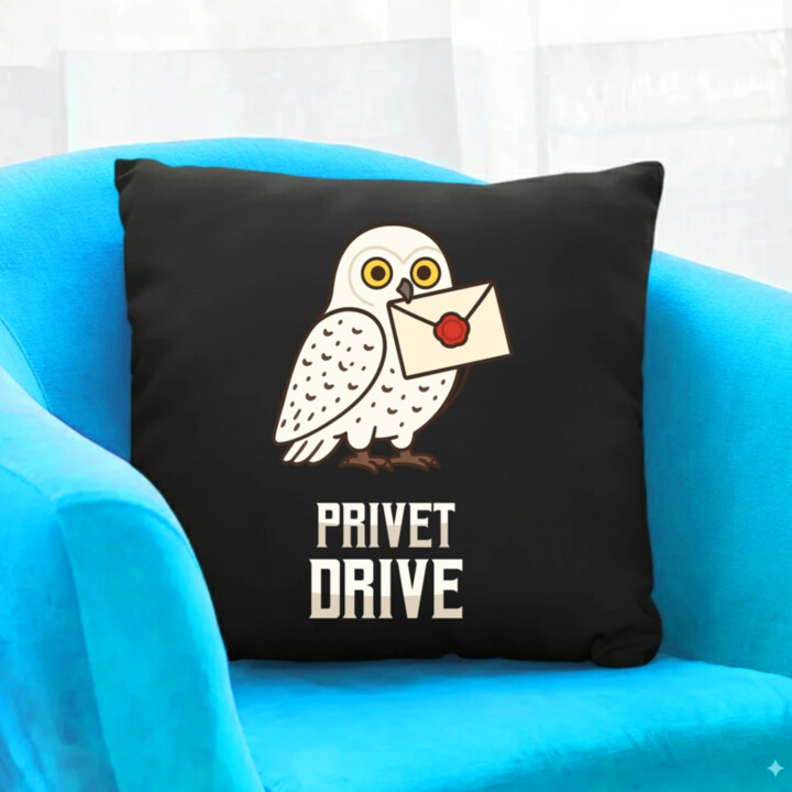 Privet Drive - Hedwiga - čierny vankúš s potlačou pre fanúšikov série Harry Potter