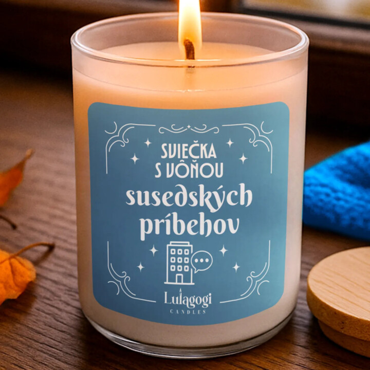 Sviečka s vôňou susedských príbehov - vonná svieca s potlačou