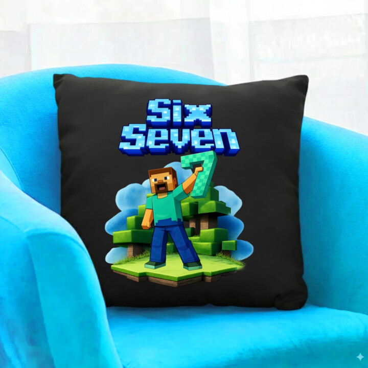 Steve 67 - Six Seven - čierny vankúš s potlačou - inspirované Minecraft