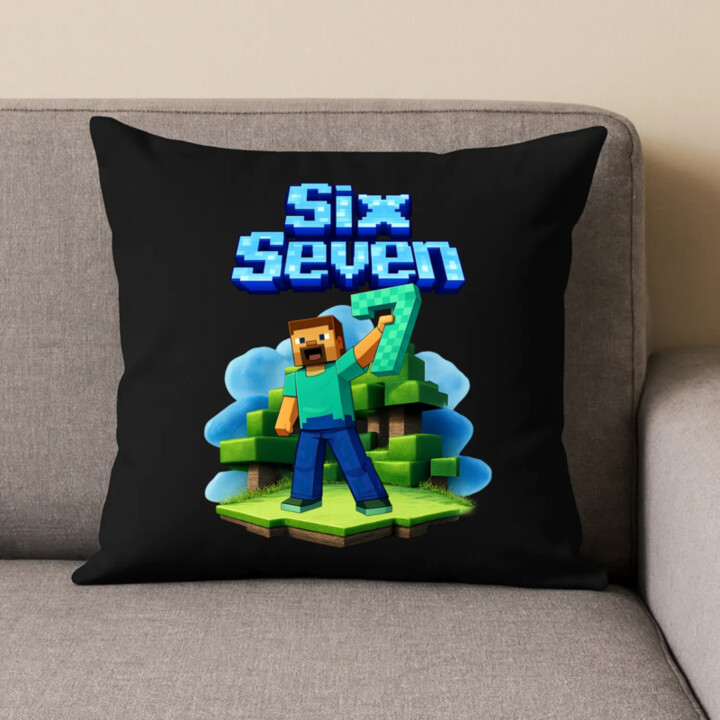 Steve 67 - Six Seven - čierny vankúš s potlačou - inspirované Minecraft