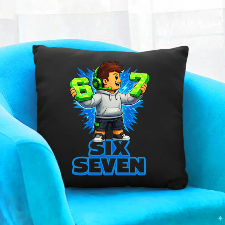 67 - Six Seven - čierny vankúš s potlačou - inšpirované Roblox