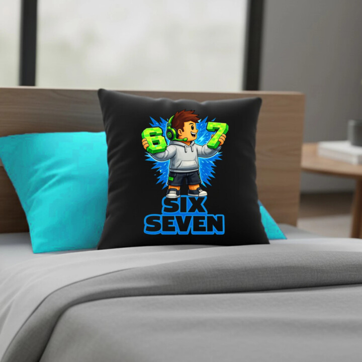 67 - Six Seven - čierny vankúš s potlačou - inšpirované Roblox