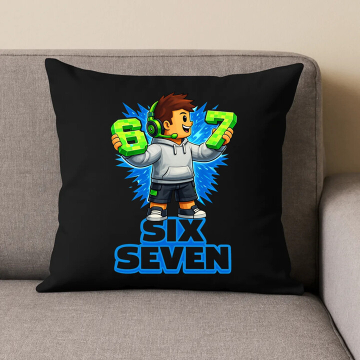 67 - Six Seven - čierny vankúš s potlačou - inšpirované Roblox