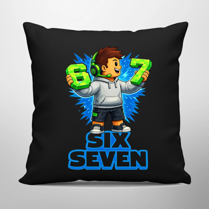67 - Six Seven - čierny vankúš s potlačou - inšpirované Roblox