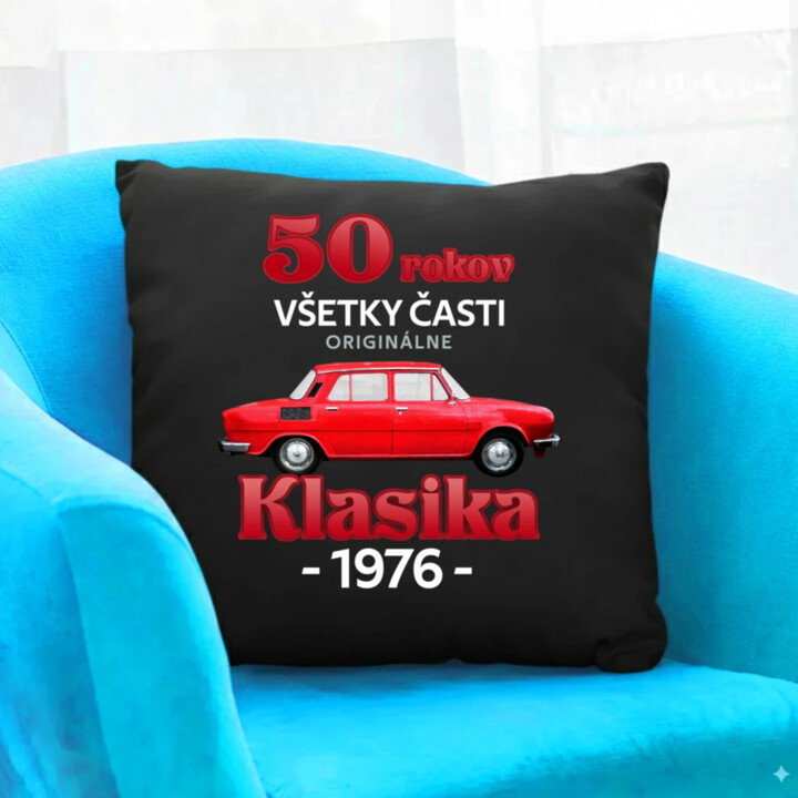 50 rokov - všetky časti originálne - Klasika 1976 - čierny vankúš s potlačou