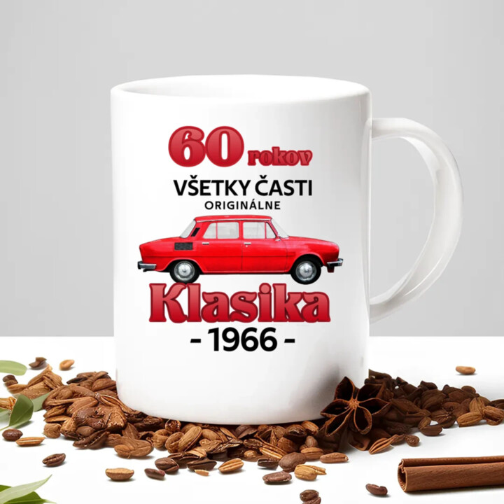 60 rokov - všetky časti originálne - Klasika 1966 - keramický hrnček s potlačou