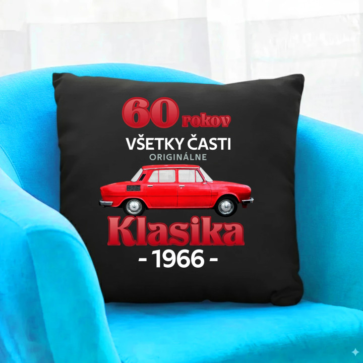 60 rokov - všetky časti originálne - Klasika 1966 - čierny vankúš s potlačou