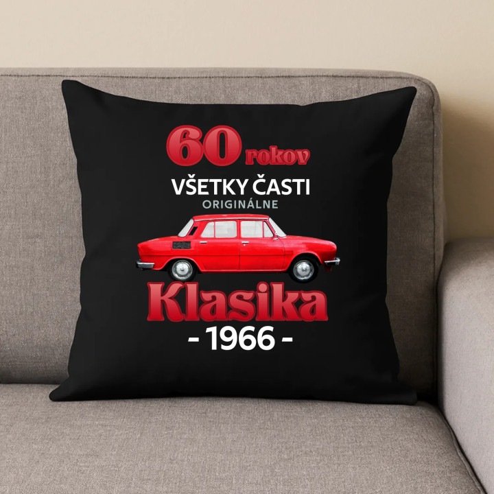 60 rokov - všetky časti originálne - Klasika 1966 - čierny vankúš s potlačou