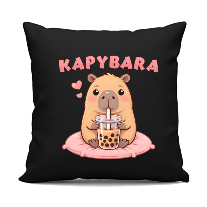 Kapybara - bubble tea - čierny vankúš s potlačou
