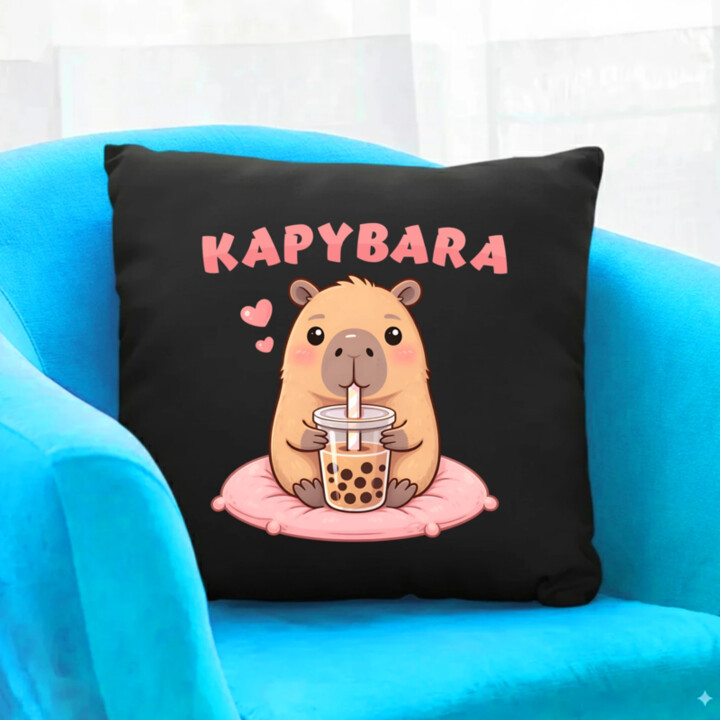 Kapybara - bubble tea - čierny vankúš s potlačou