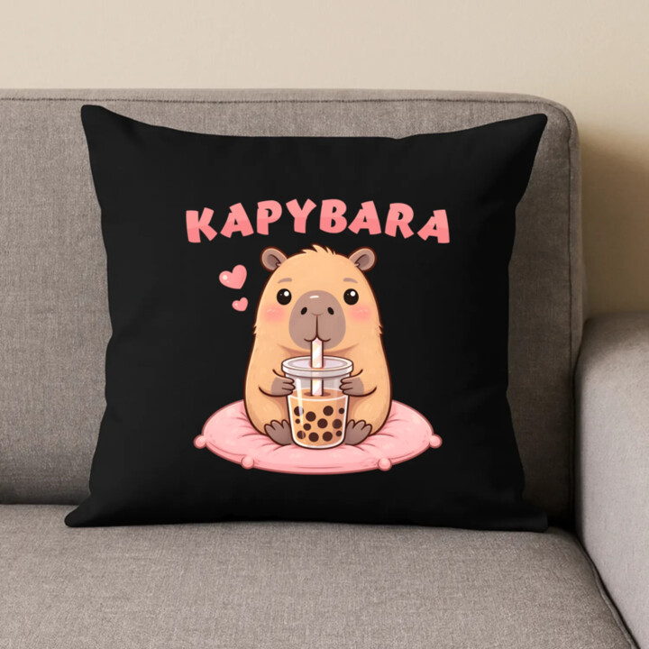 Kapybara - bubble tea - čierny vankúš s potlačou