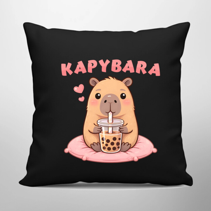 Kapybara - bubble tea - čierny vankúš s potlačou