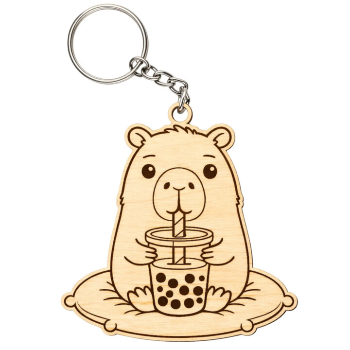 kapybara - bubble tea - drevený prívesok na kľúče s gravírovaním