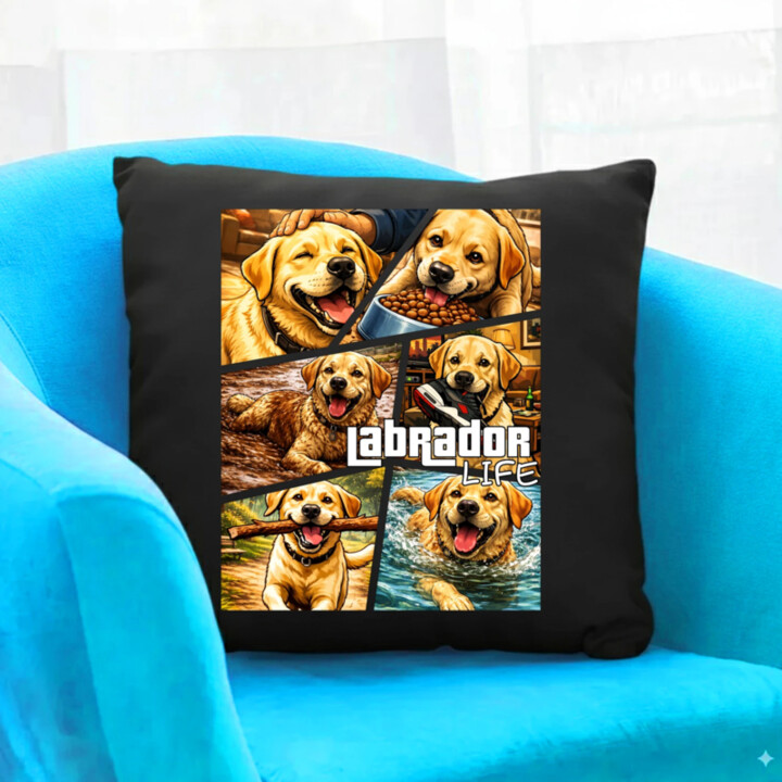 Labrador life - čierny vankúš s potlačou