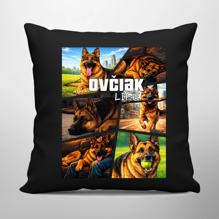 Ovčiak Life - čierny vankúš s potlačou