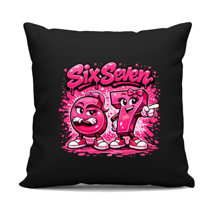 Six seven - 67 - ružová verzia - čierny vankúš s potlačou