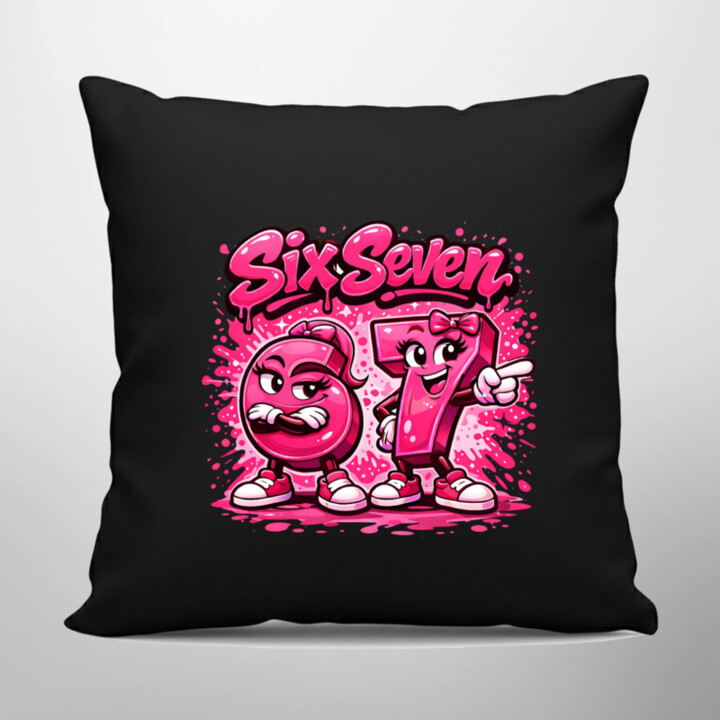Six seven - 67 - ružová verzia - čierny vankúš s potlačou