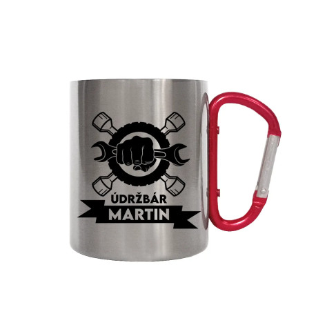 Údržbár (meno) - kovový hrnček s karabínkou - personalizovaný produkt