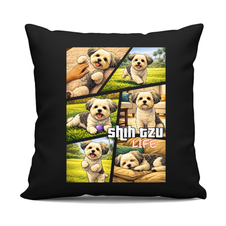 Shih Tzu Life - čierny vankúš s potlačou