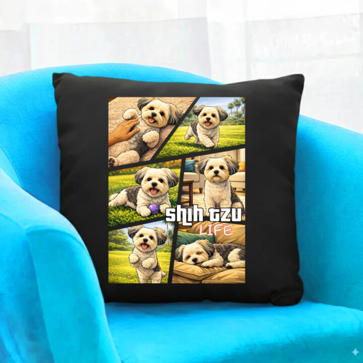 Shih Tzu Life - čierny vankúš s potlačou