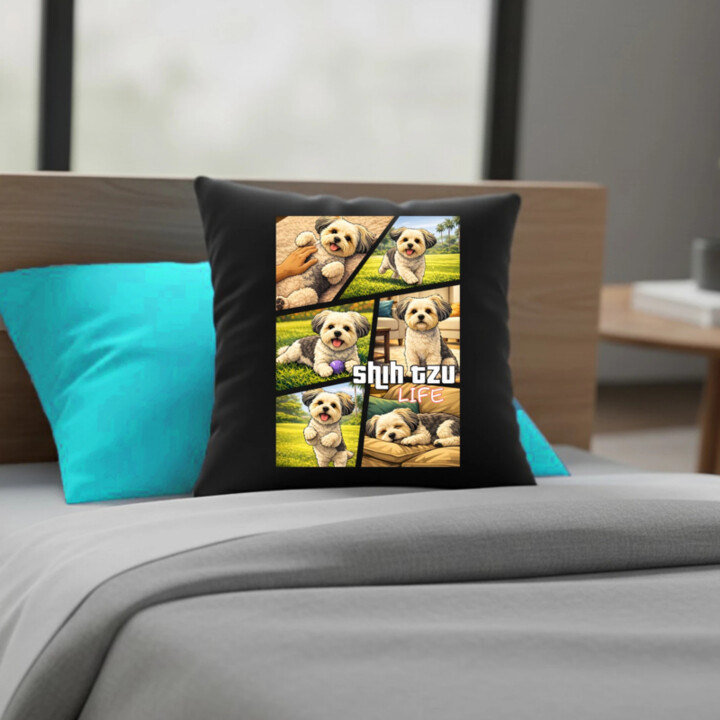 Shih Tzu Life - čierny vankúš s potlačou