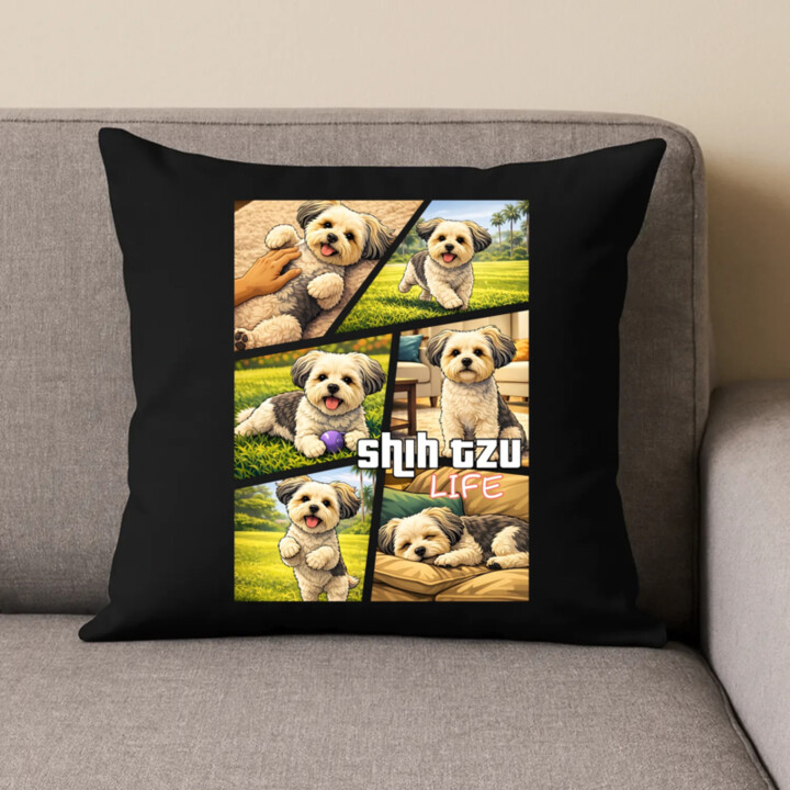 Shih Tzu Life - čierny vankúš s potlačou