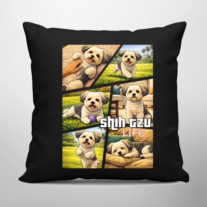 Shih Tzu Life - čierny vankúš s potlačou