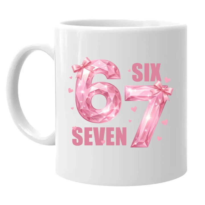 Six seven - 67 - ružová verzia - keramický hrnček s potlačou
