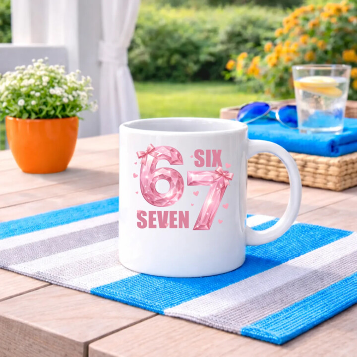 Six seven - 67 - ružová verzia - keramický hrnček s potlačou