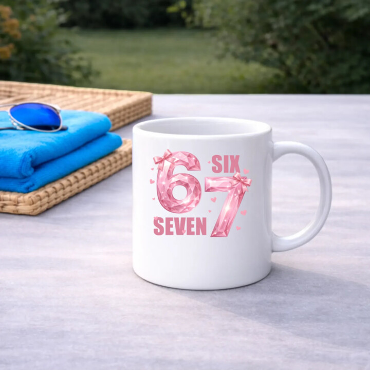 Six seven - 67 - ružová verzia - keramický hrnček s potlačou